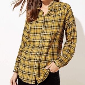 LOFT Petite SP Mustard Black Plaid Ruffle Neck Button Down Blouse